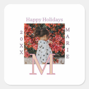 MONOGRAM PEACH GRAY NAME PHOTO YEAR CHRISTMAS HOLI SQUARE STICKER
