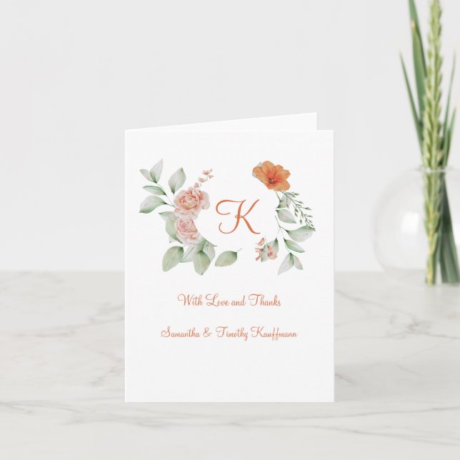 Monogram Peach Green Floral Wedding Thank you Note Card (Front)