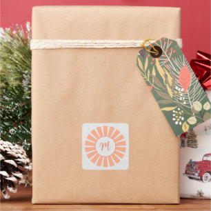 Monogram Peach Grey Sun rays Initial "M" Square Sticker