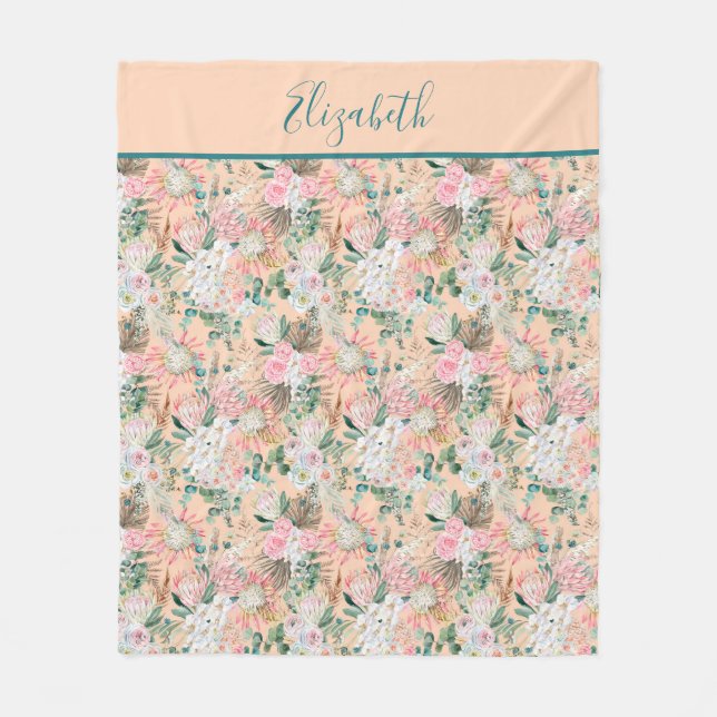 Monogram Peach Pink White Green Floral Eucalyptus  Fleece Blanket (Front)