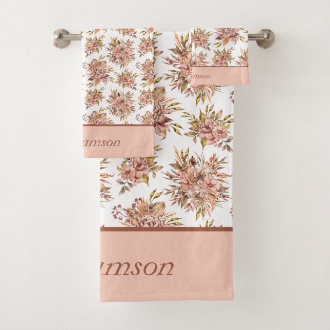 Monogram Peach Red Brown Green Floral  Bath Towel Set (Insitu)