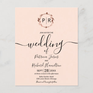 Monogram Peach Rose Budget Wedding Invitation