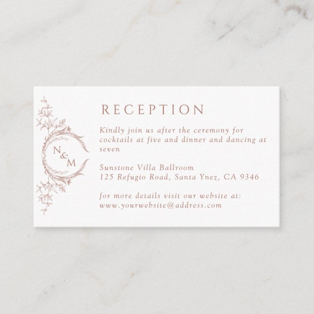 Monogram Peach Watercolor Wedding Reception Enclosure Card (Front)
