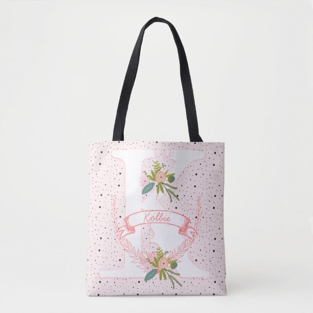 Monogram Peachy Pink Random Dot & Boho Floral Tote Bag (Front)