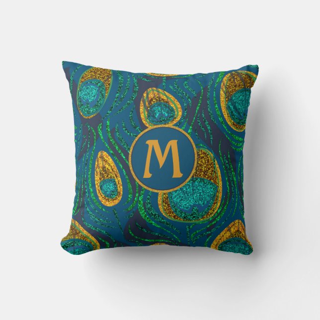 Monogram Peacock Feather Abstract Cushion (Front)