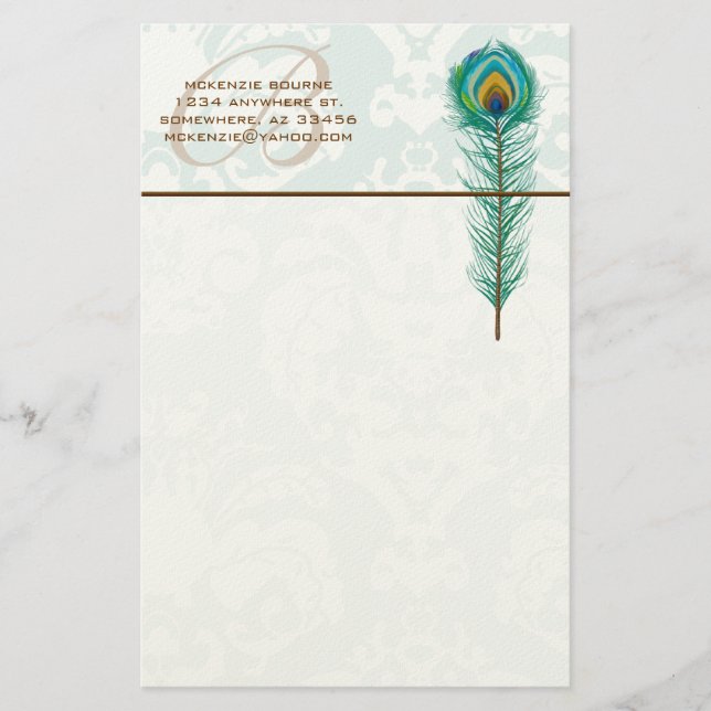 Monogram Peacock Feather Stationery (Front)