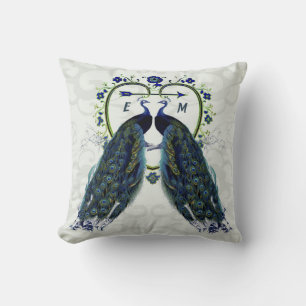 Monogram PEACOCK HEART Wedding Anniversary Custom Cushion