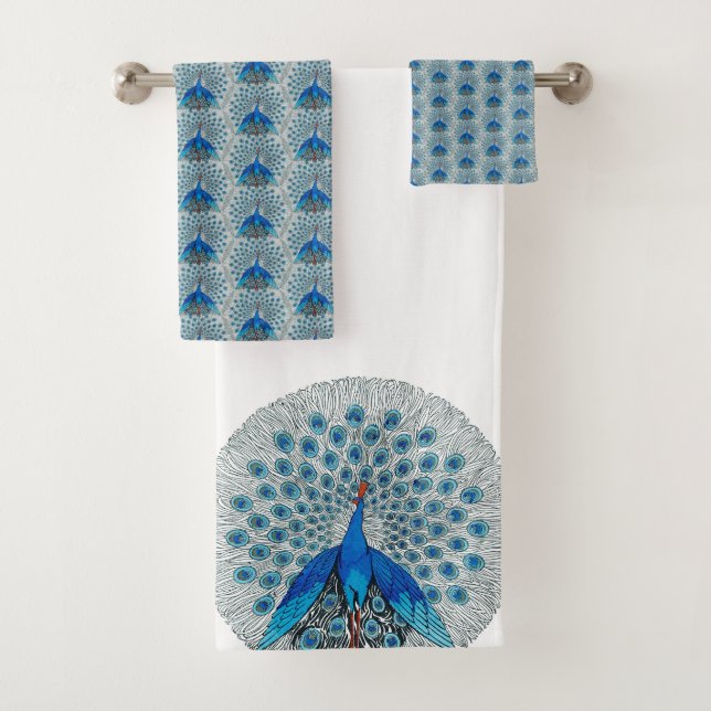 Monogram Peacock Teal Blue and White Monogram  Bat Bath Towel Set (Insitu)