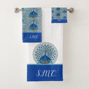 Monogram Peacock Teal Blue and White Monogram  Bath Towel Set