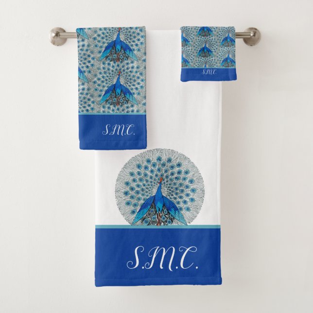 Monogram Peacock Teal Blue and White Monogram  Bath Towel Set (Insitu)