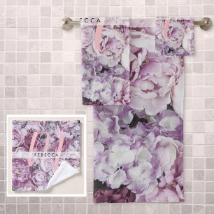 Monogram Peony Roses Floral Pink Script Bath Towel Set