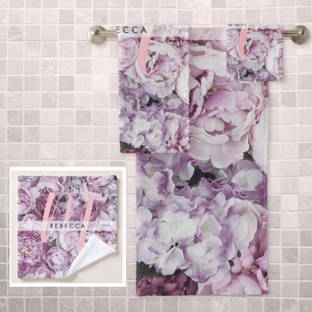 Monogram Peony Roses Floral Pink Script Bath Towel Set (Monogram Peony Roses Floral Pink Script Bath Towel Set)