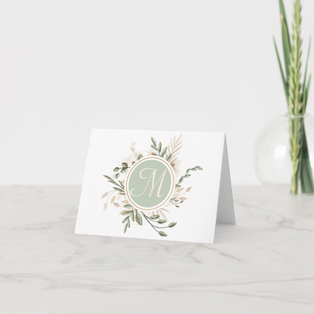 Monogram Personal Round Greenery Botanical Frame,  Thank You Card (Front)