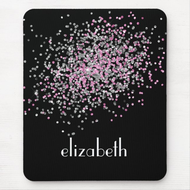 Monogram Personalise Black Pink Silver Glitter  Mouse Pad (Front)