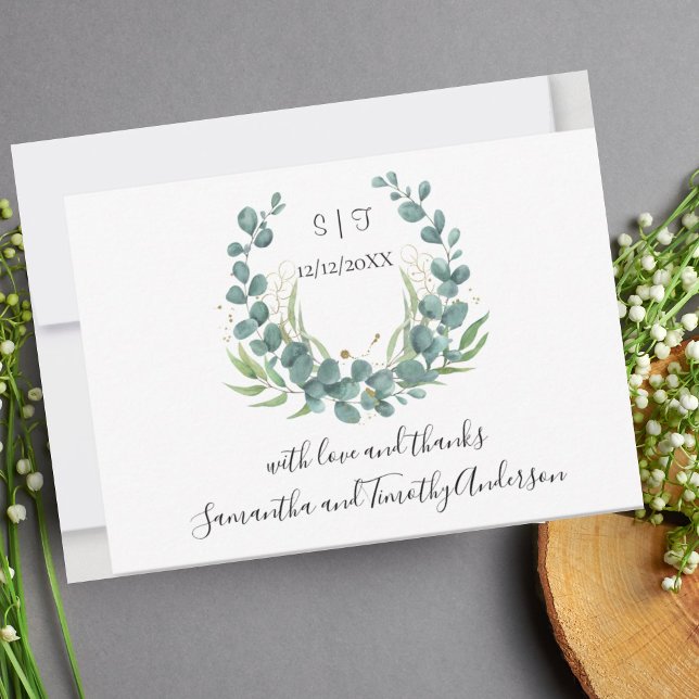 Monogram Personalise Eucalyptus Script Wedding Thank You Card (Creator Uploaded)