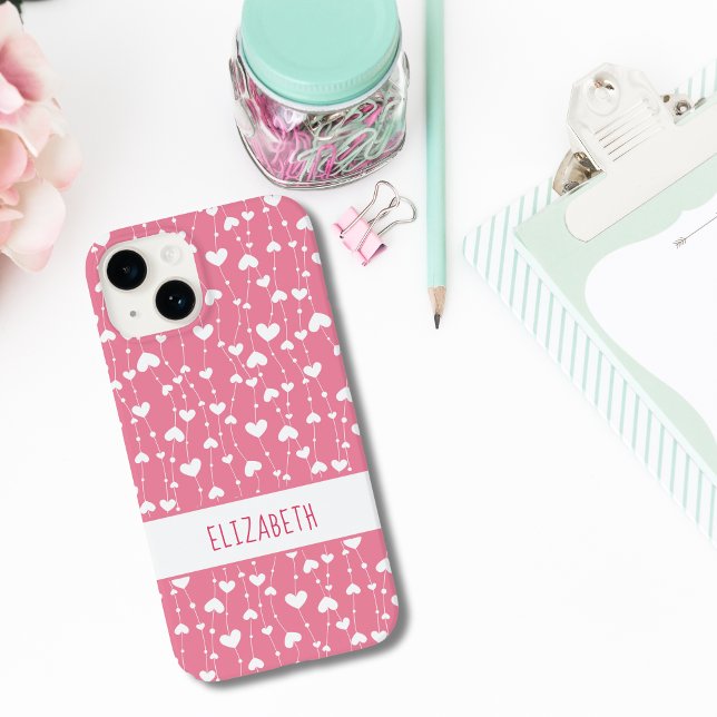 Monogram Personalise Pink White Hearts Girly Case-Mate iPhone Case (Monogrammed Name Pink White Hearts iPhone case)