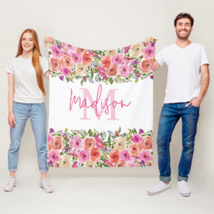 Monogram Personalise Watercolor Floral Fleece Blanket