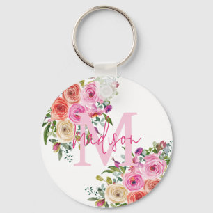 Monogram Personalise Watercolor Floral Key Ring