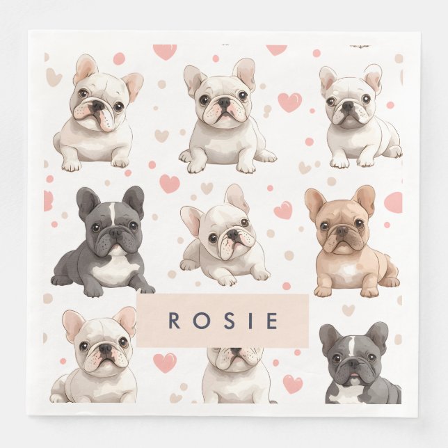 Monogram Personalised Adorable French Bulldog  Napkin (Front)