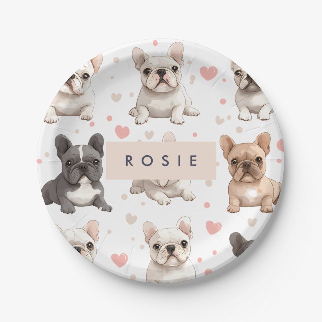 Monogram Personalised Adorable French Bulldog  Paper Plate (Front)