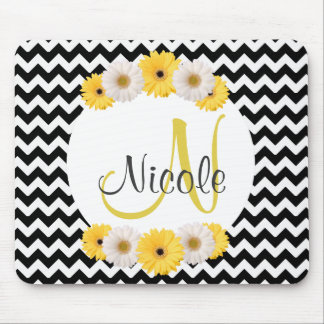 Monogram Personalised black white chevron Daisy Mouse Pad