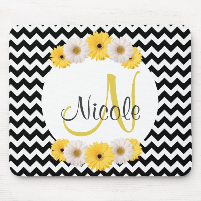 Monogram Personalised black white chevron Daisy Mouse Pad (Front)