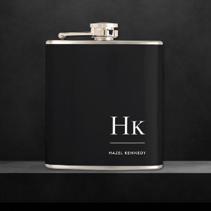 Monogram Personalised Black White Hip Flask