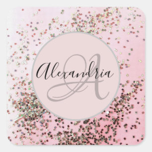 Monogram Personalised Champagne Pink Confetti  Square Sticker