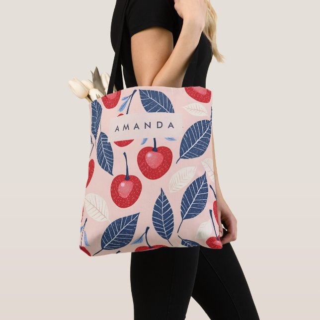 Monogram Personalised Cherry and Leaf Pattern Tote Bag (Close Up)