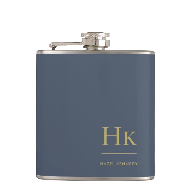 Monogram Personalised Classic Navy Blue Gold Hip Flask (Front)