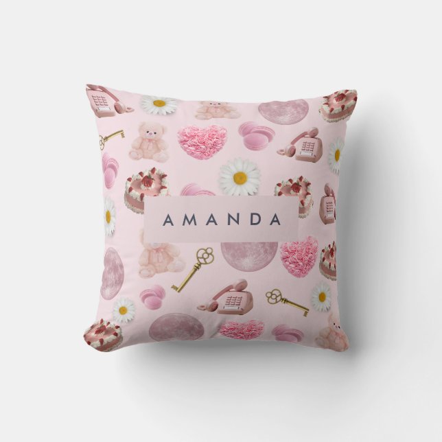 Monogram Personalised Coquette Pink Moon Feminine Cushion (Front)