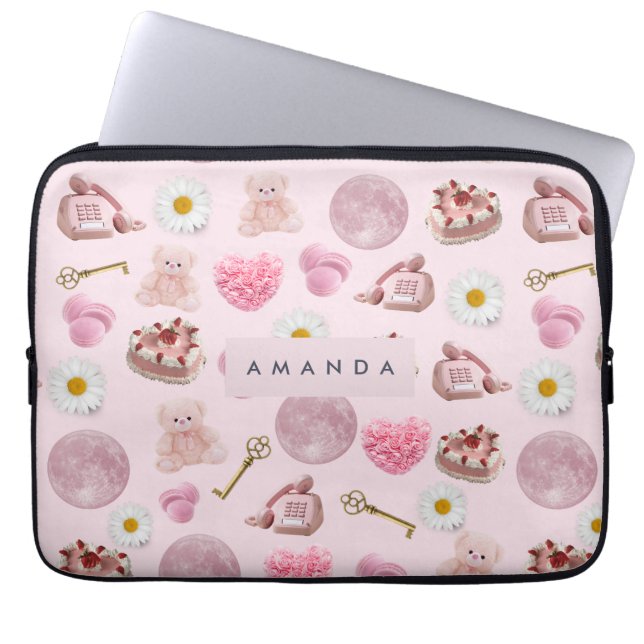 Monogram Personalised Coquette Pink Moon Feminine Laptop Sleeve (Front)