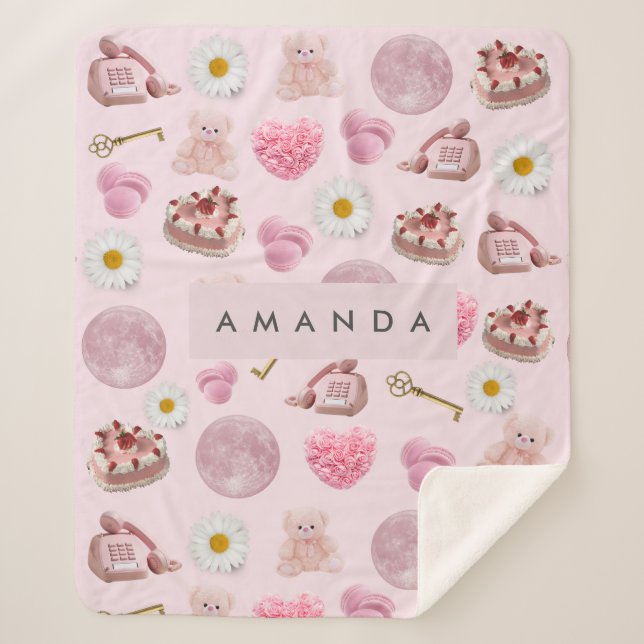 Monogram Personalised Coquette Pink Moon Feminine Sherpa Blanket (Front)