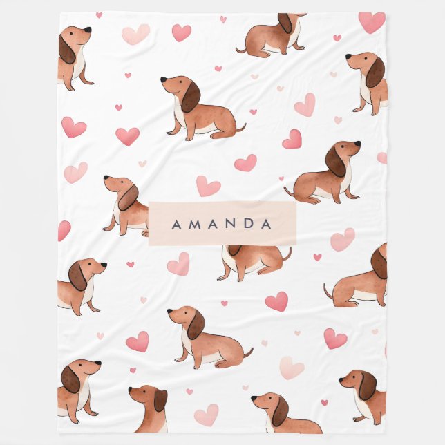 Monogram Personalised Cute Dachshund Dog Fleece Blanket (Front)