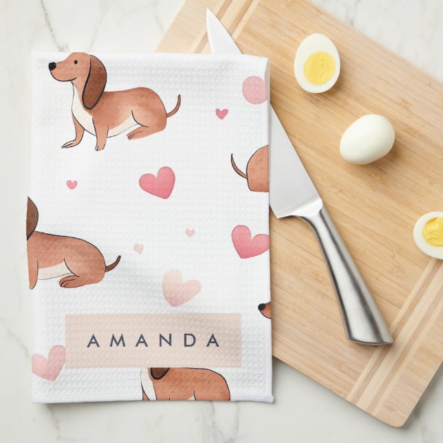 Monogram Personalised Cute Dachshund Dog Tea Towel (Quarter Fold)