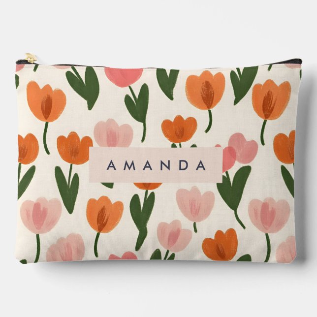 Monogram Personalised Cute Spring Tulip Pattern Accessory Pouch (Front)