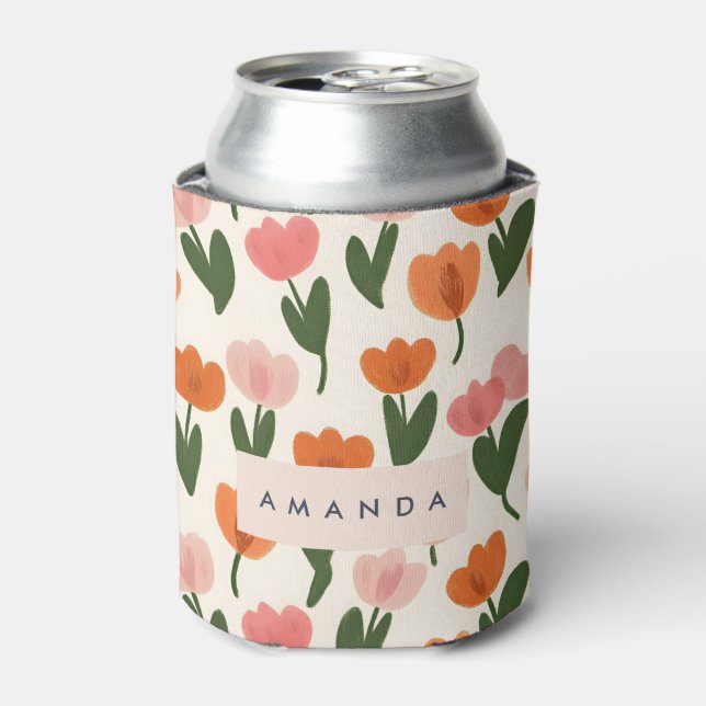 Monogram Personalised Cute Spring Tulip Pattern Can Cooler (Can Front)