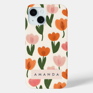 Monogram Personalised Cute Spring Tulip Pattern iPhone 15 Case