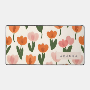Monogram Personalised Cute Spring Tulip Pattern Desk Mat