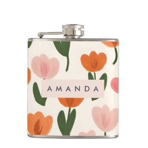 Monogram Personalised Cute Spring Tulip Pattern Hip Flask