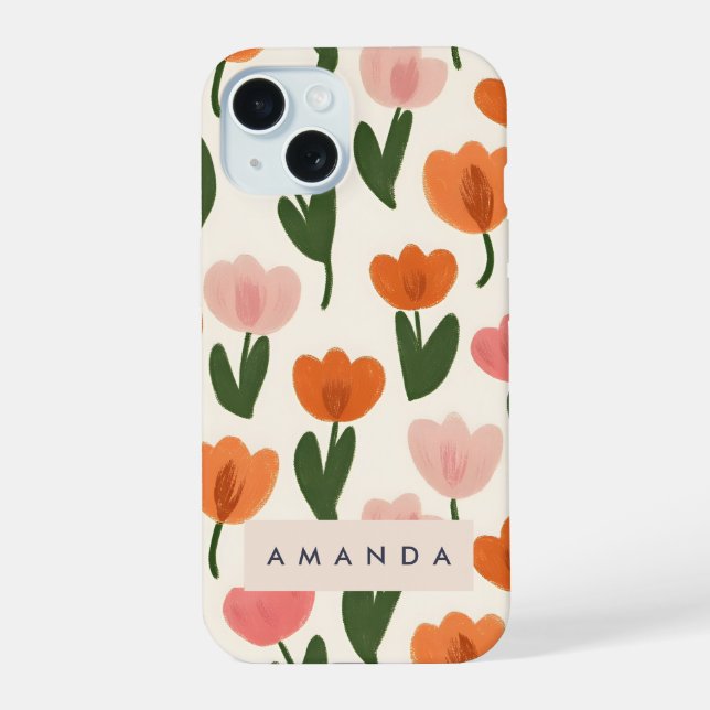 Monogram Personalised Cute Spring Tulip Pattern iPhone 15 Case (Back)