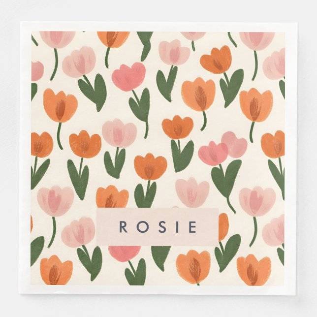 Monogram Personalised Cute Spring Tulip Pattern Napkin (Front)