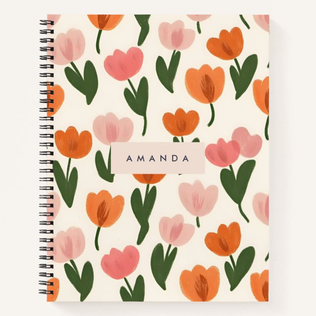 Monogram Personalised Cute Spring Tulip Pattern Notebook (Front)
