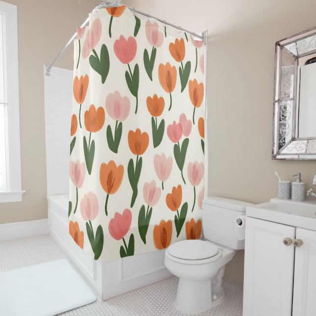 Monogram Personalised Cute Spring Tulip Pattern Shower Curtain (In Situ)
