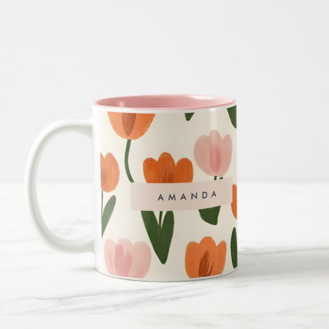 Monogram Personalised Cute Spring Tulip Pattern Two-Tone Coffee Mug (Left)
