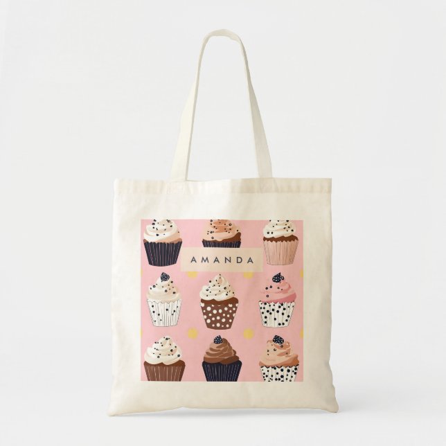 Monogram Personalised Cute Sweet Cupcake  Tote Bag (Front)