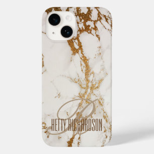 Monogram Personalised Elegant Glitter White Marble Case-Mate iPhone 14 Case