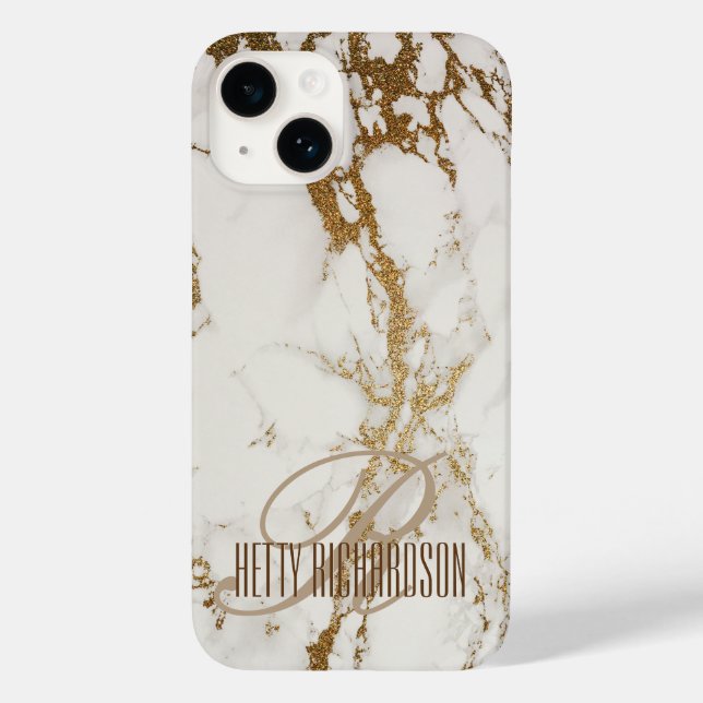 Monogram Personalised Elegant Glitter White Marble Case-Mate iPhone Case (Back)