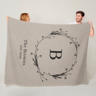 Monogram Personalised Family Name Rustic Linen Fleece Blanket
