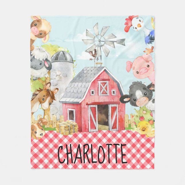 Monogram Personalised Farm Barnyard Animals Fleece Blanket (Front)